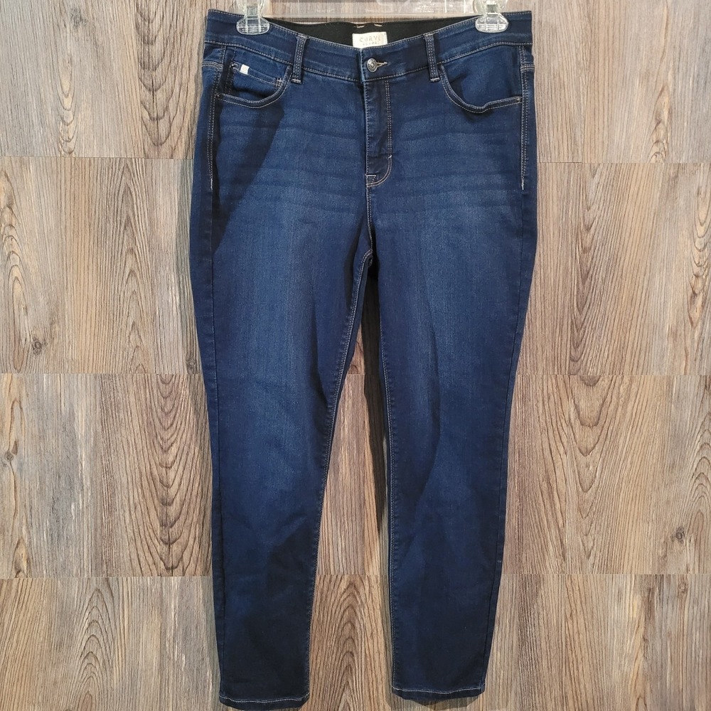 Curve Appeal Straight Leg Jeans Size 12/31 x 26 Mid Rise Dark Wash Elastic Waist
